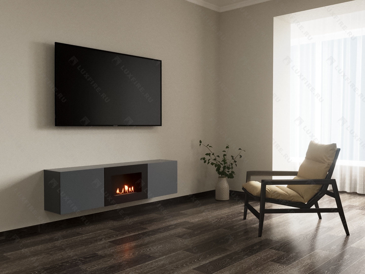 Тумба ТВ Lux Fire "Каспий" настенная 1600 матовая, графит с биокамином 600 по цене 65 178 руб.